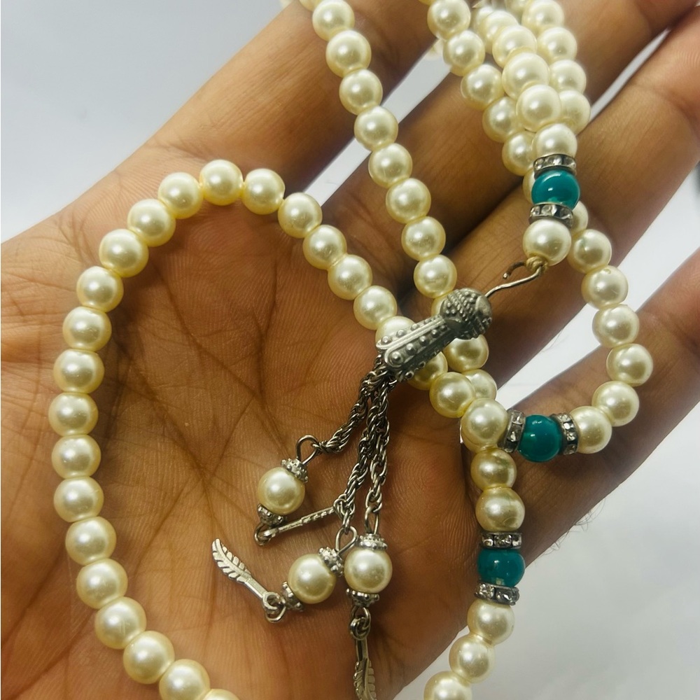 Blue and Cream Pearl Necklace with Silver Cross - Picture 1 of 5